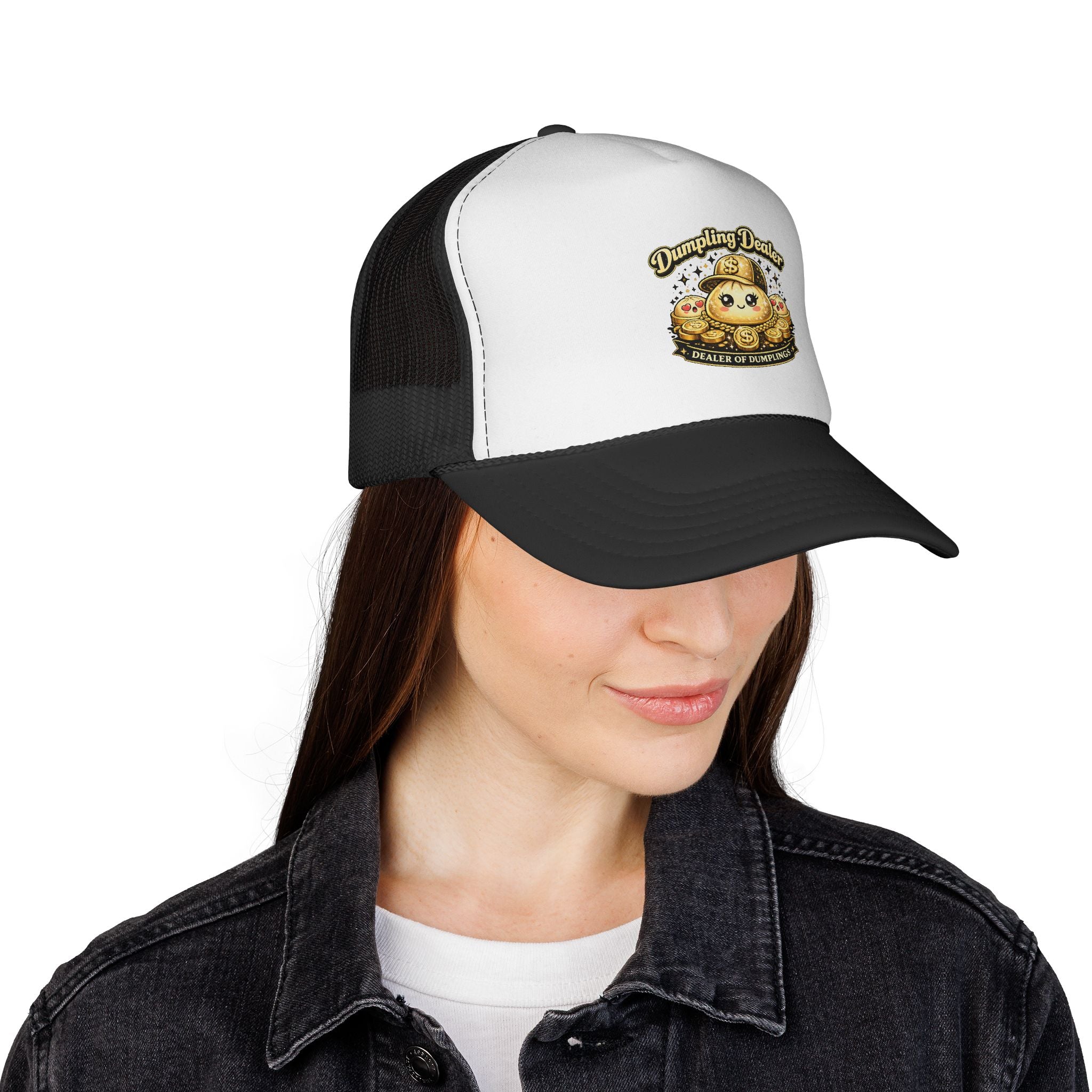 Dumpling Dealer Trucker Hat, Golden Dumpling Graphic Snapback, Funny Foodie Streetwear Cap