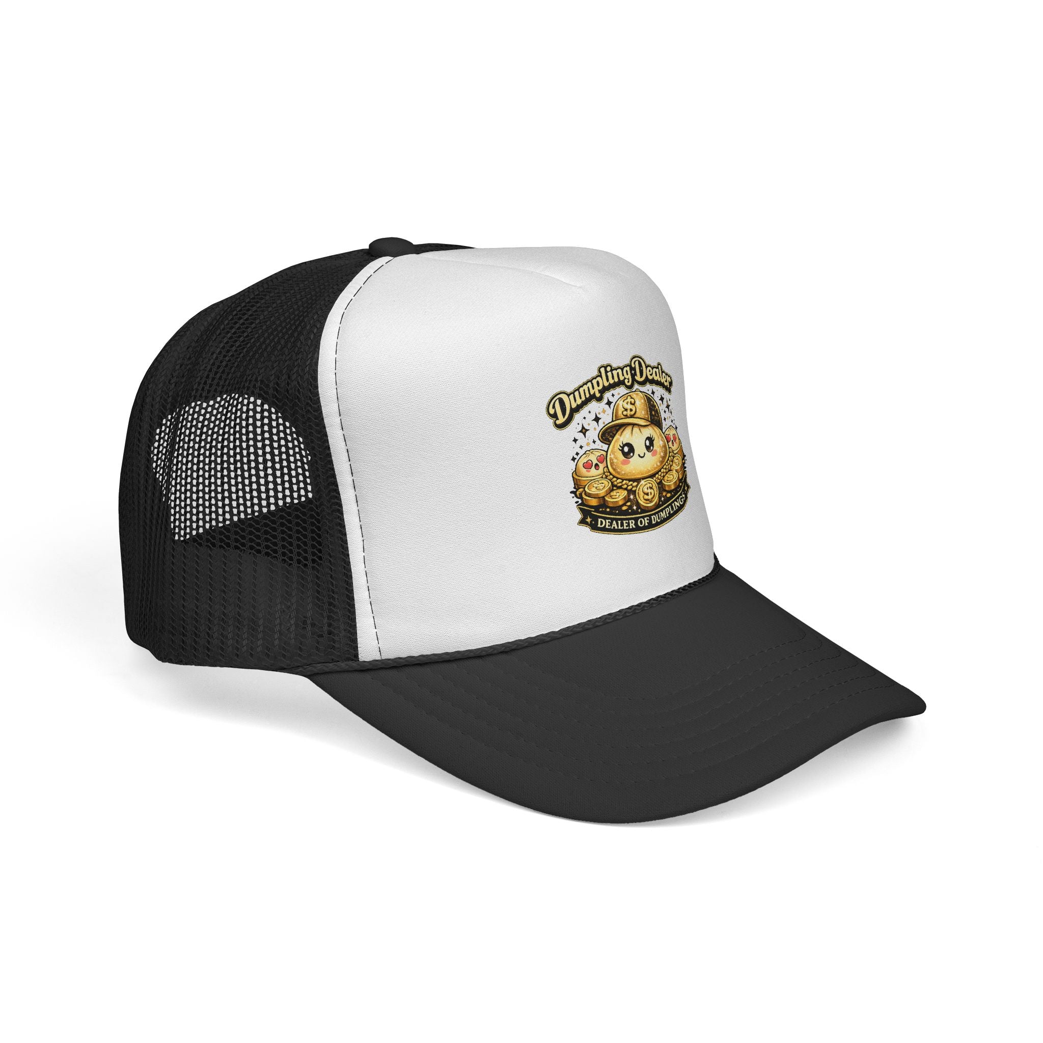 Dumpling Dealer Trucker Hat, Golden Dumpling Graphic Snapback, Funny Foodie Streetwear Cap