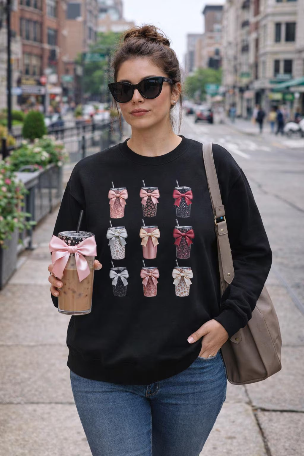 Coquette Bow Tumbler Sweatshirt | Girly Aesthetic Crewneck | Pink Leopard
