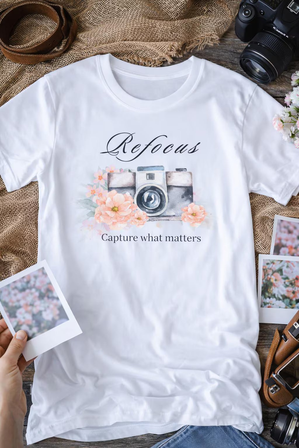 Refocus on What Matters | Floral Camera Tee | Mindfulness Shirt