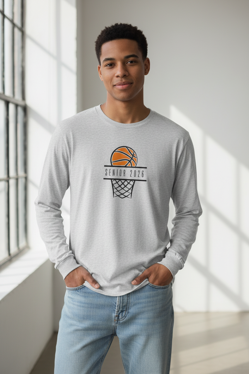 Senior 2026 Basketball long sleeve shirt - heather gray lifestyle mockup