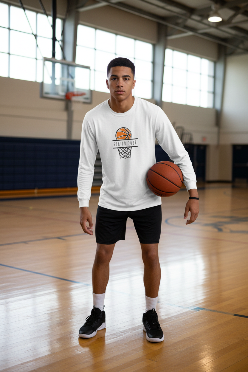 Senior 2026 Basketball Shirt Front - Gym Setting